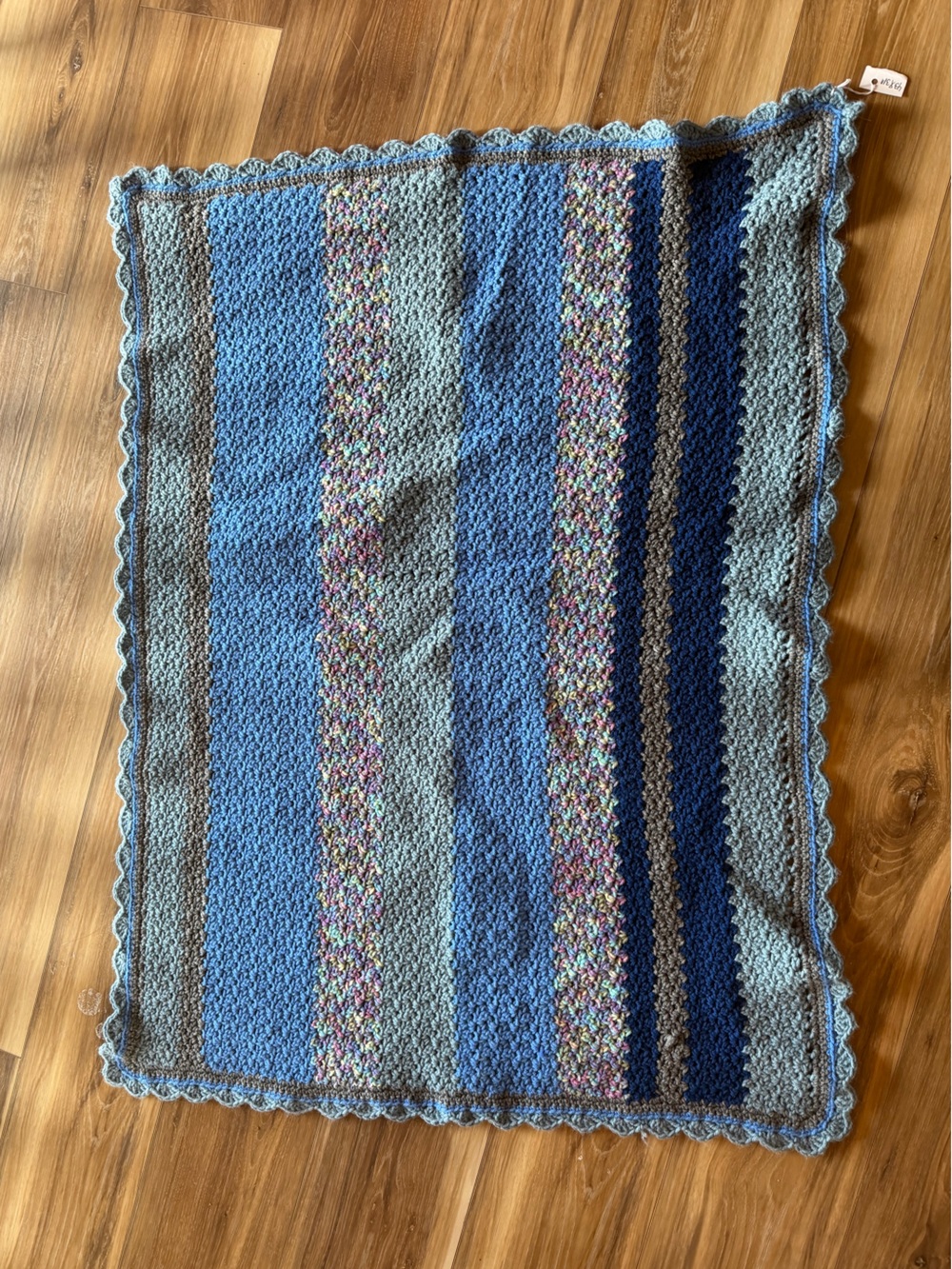 Handmade Crochet Baby Blanket in Blue and Multicolor Stripes
